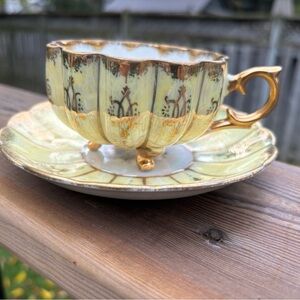 Vintage Yellow Luster 3 Footed Tea Cup & Saucer, Japan Shafford